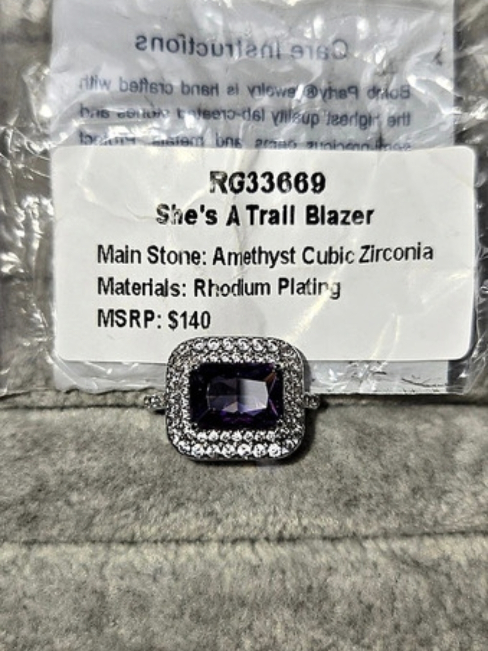 New Size 7 She's A Trail Blazer Amethyst Cubic Zirconia Rhodium Plated BP Ring
